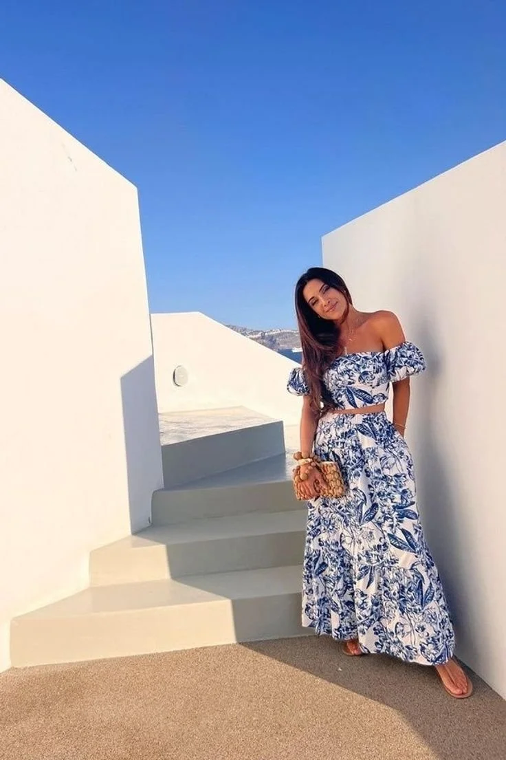 Off-Shoulder Co-ord in Greek-Inspired Prints Under the Santorini Sun