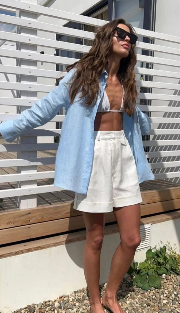Effortless Resort Look in a Blue Button-Up and White Bikini Set