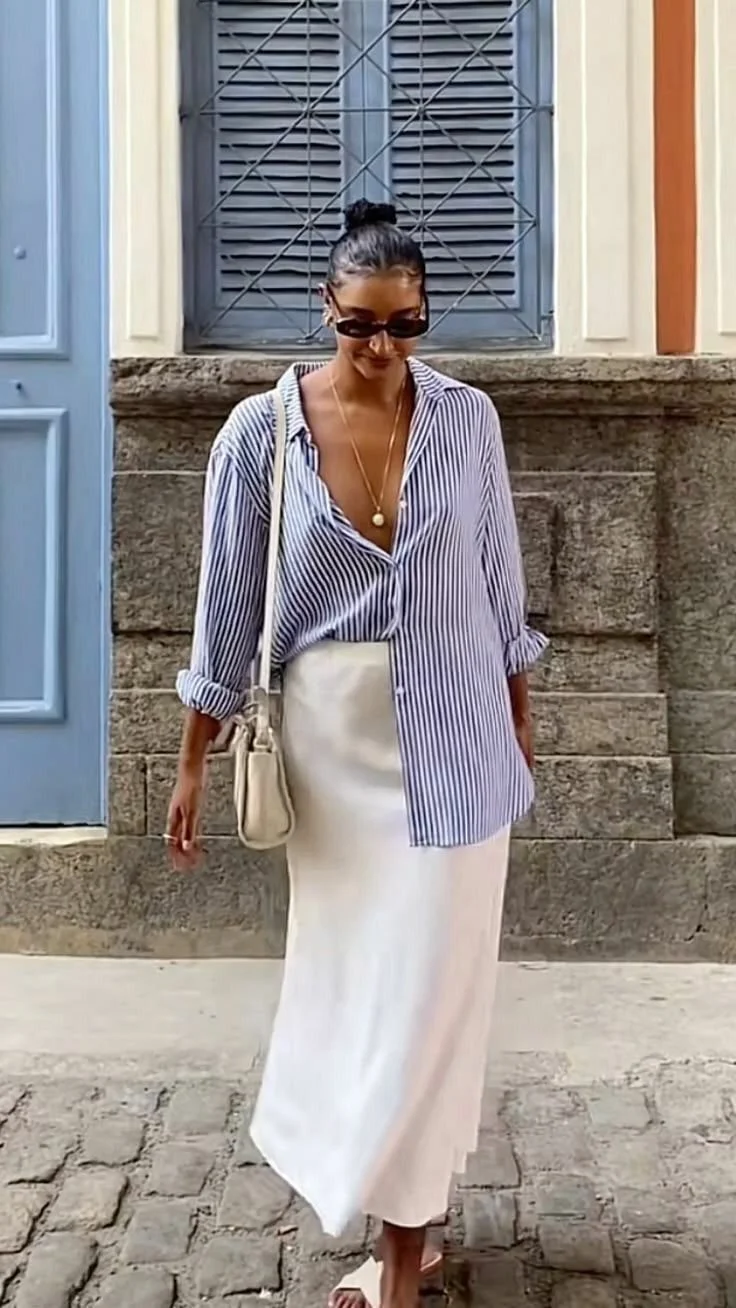 Striped Button-Down and Satin Skirt for a Sunset Stroll in Santorini