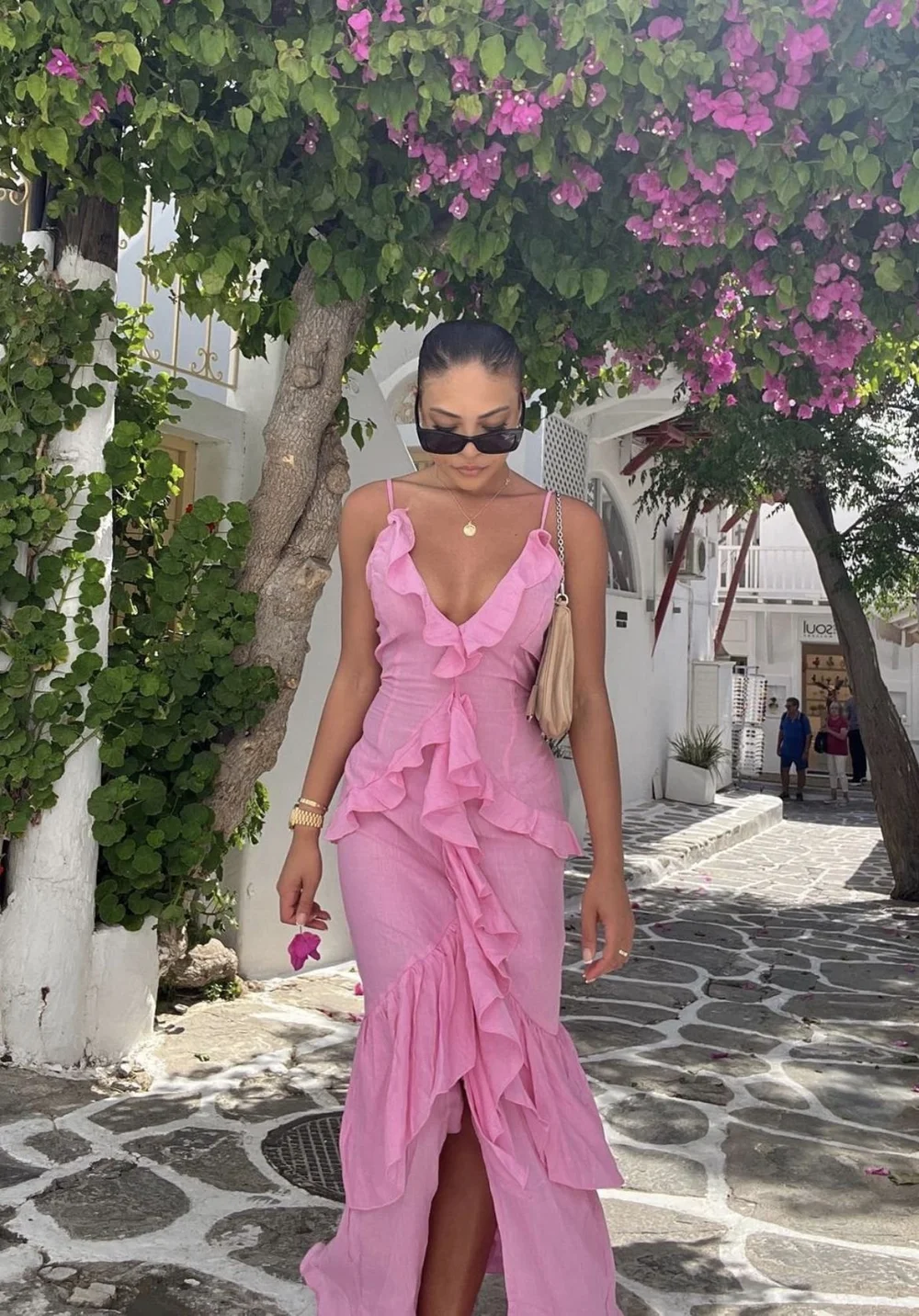 Romantic Ruffled Pink Dress for Paros’ Prettiest Lanes