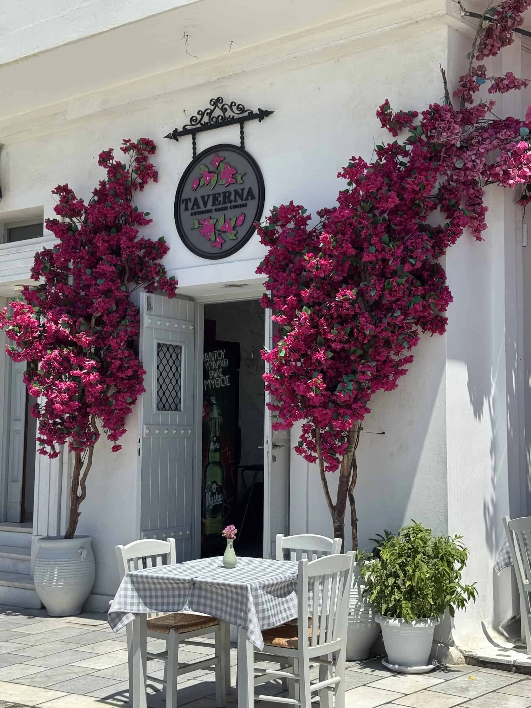 Bougainvillea-Framed Entrance to Taverna in Naxos Town