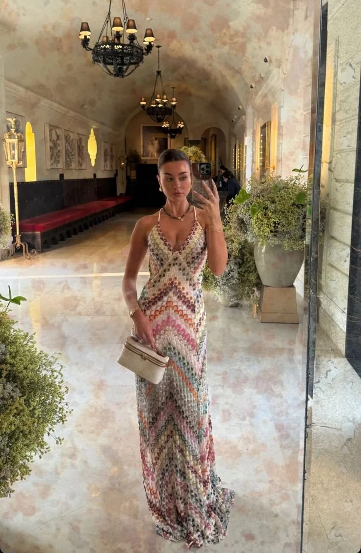 Patterned Maxi Dress for Mykonos Nightlife Outfits