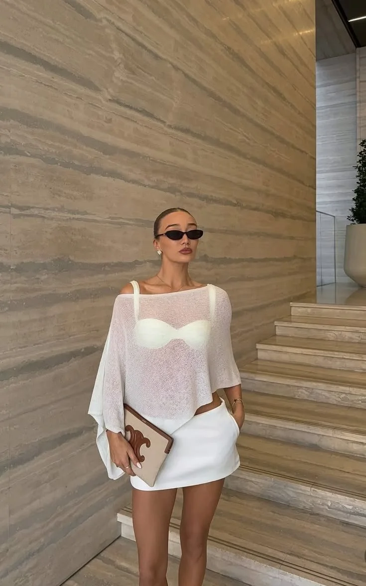 Sheer Off-the-Shoulder Top Mykonos Night Outfit