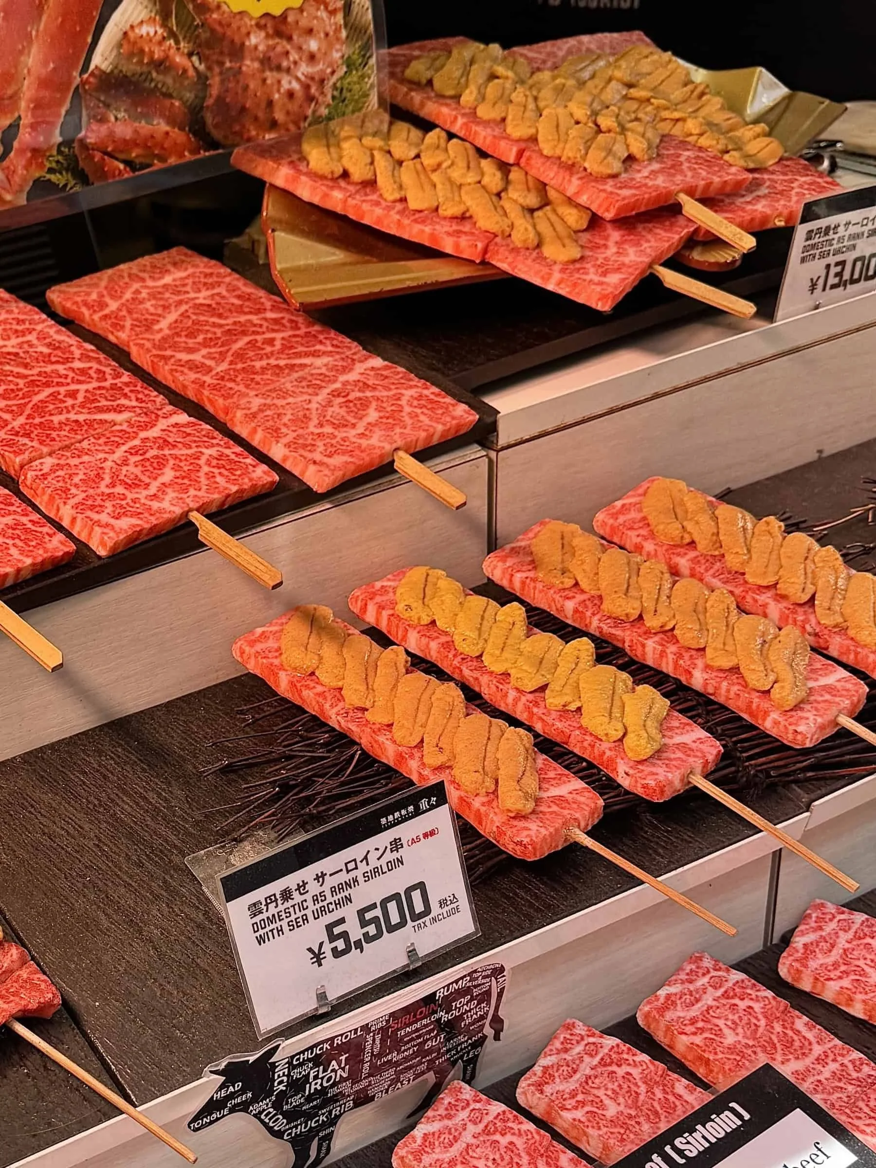 Skewers of wagyu beef with sea urchin on display in Tsujiki Market in Tokyo.