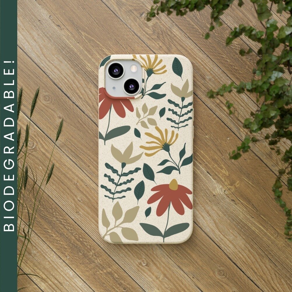 Biodegradable non-plastic phone case!  This one has pretty boho style flowers.  Check it out in our Shop!
Discount available for email subscribers (see website).

https://www.steppinggreen.com/shop/flowers-phone-case
Join the plastic-free movement by