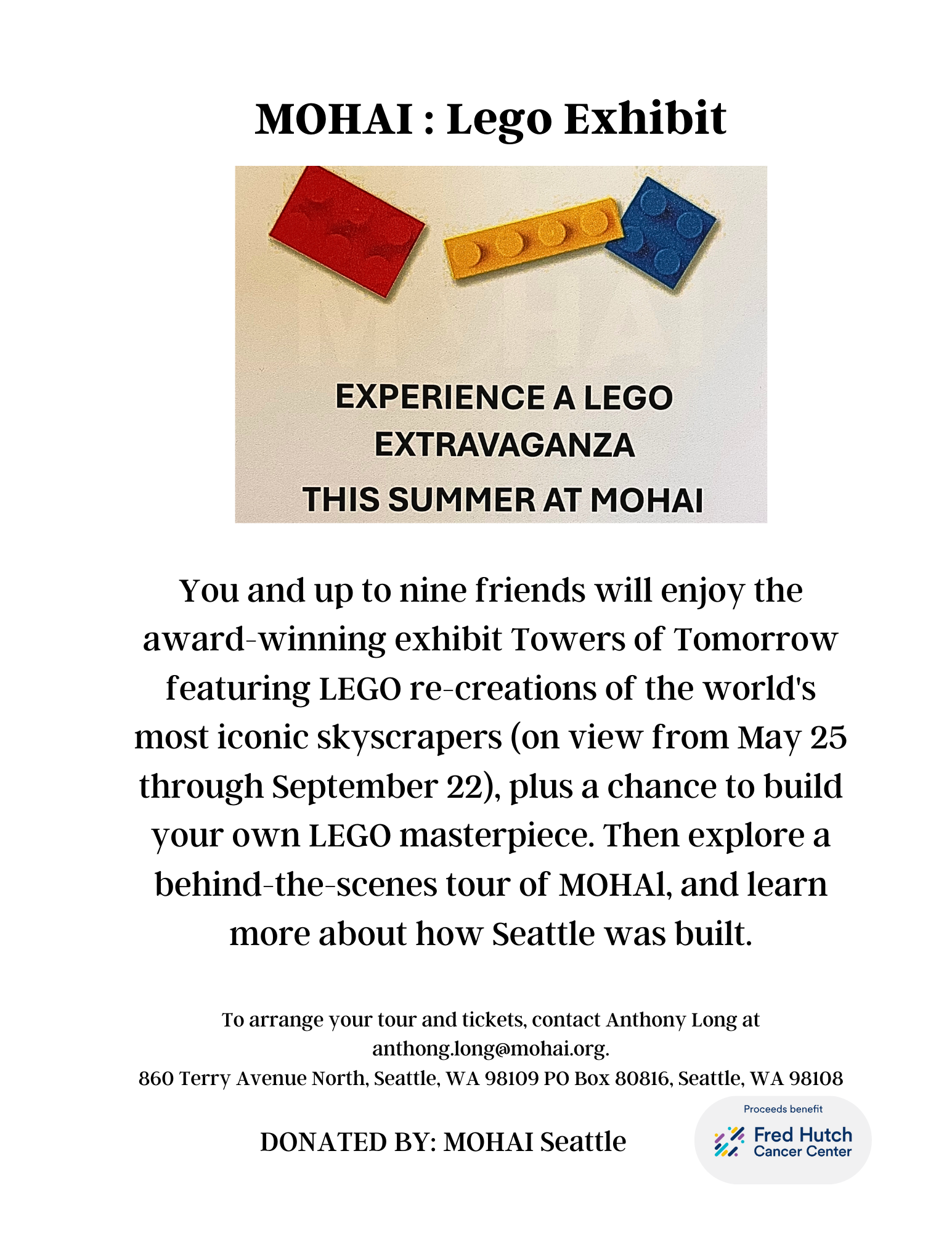 Poster for MOHAI Lego Exhibit with colorful Lego bricks at the top, promoting a summer exhibit featuring Lego skyscraper recreations and behind-the-scenes tour.