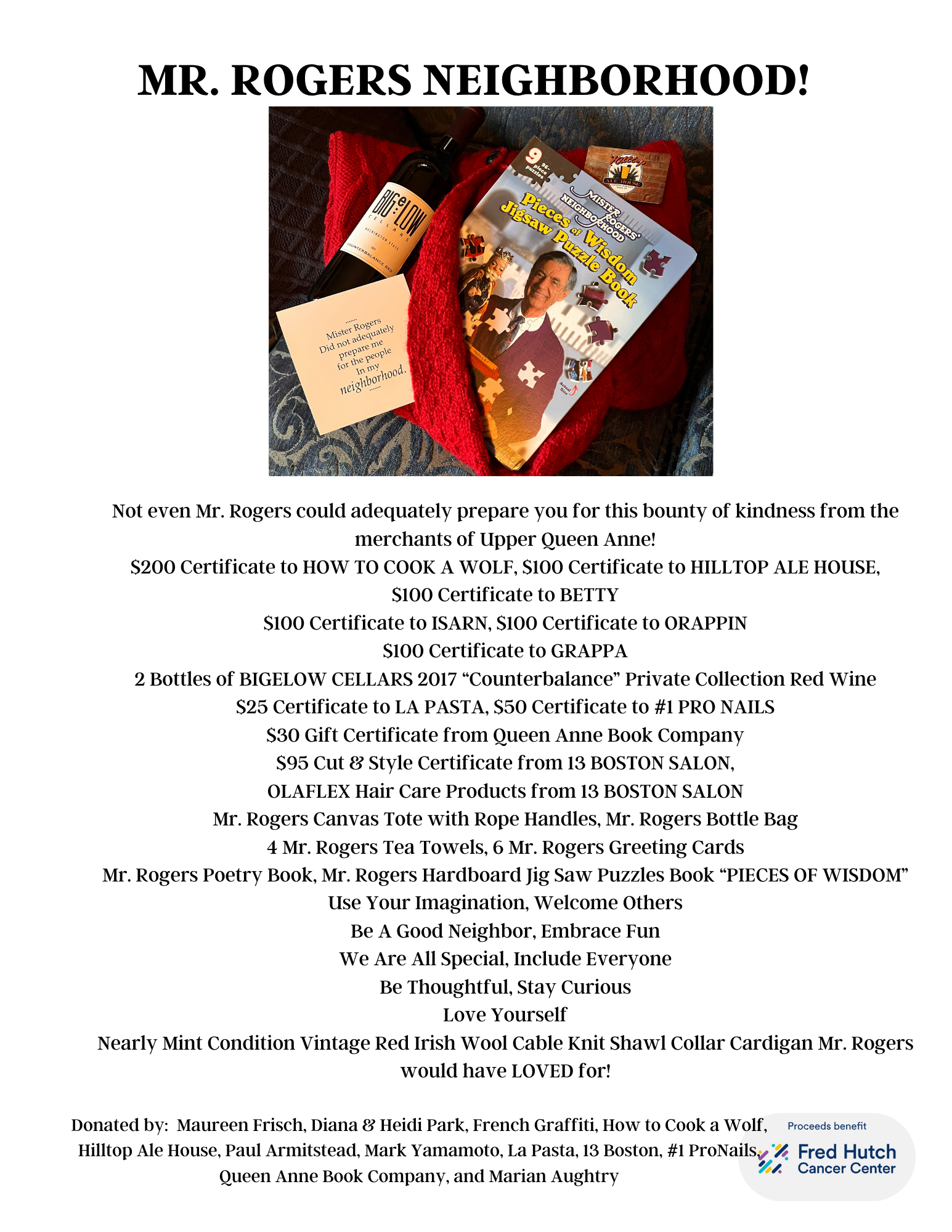 A donation poster titled "Mr. Rogers Neighborhood!" with a gift basket containing a bottle of wine, a puzzle book, and a card. The poster lists various donation items and encouragements for kindness and community spirit. It includes a thank you note 