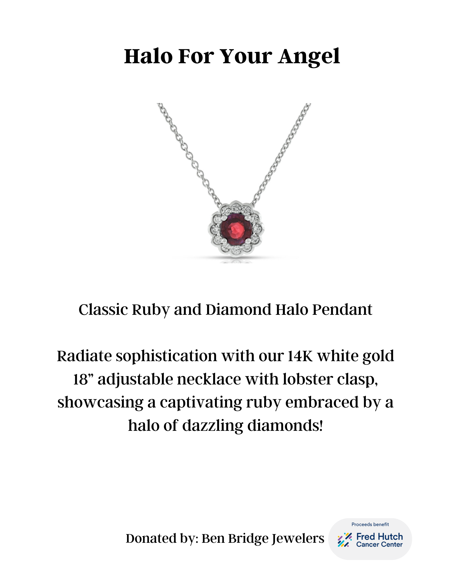 A jewelry flyer showcasing a ruby and diamond halo pendant necklace on a white background, with text about its features and donation information.