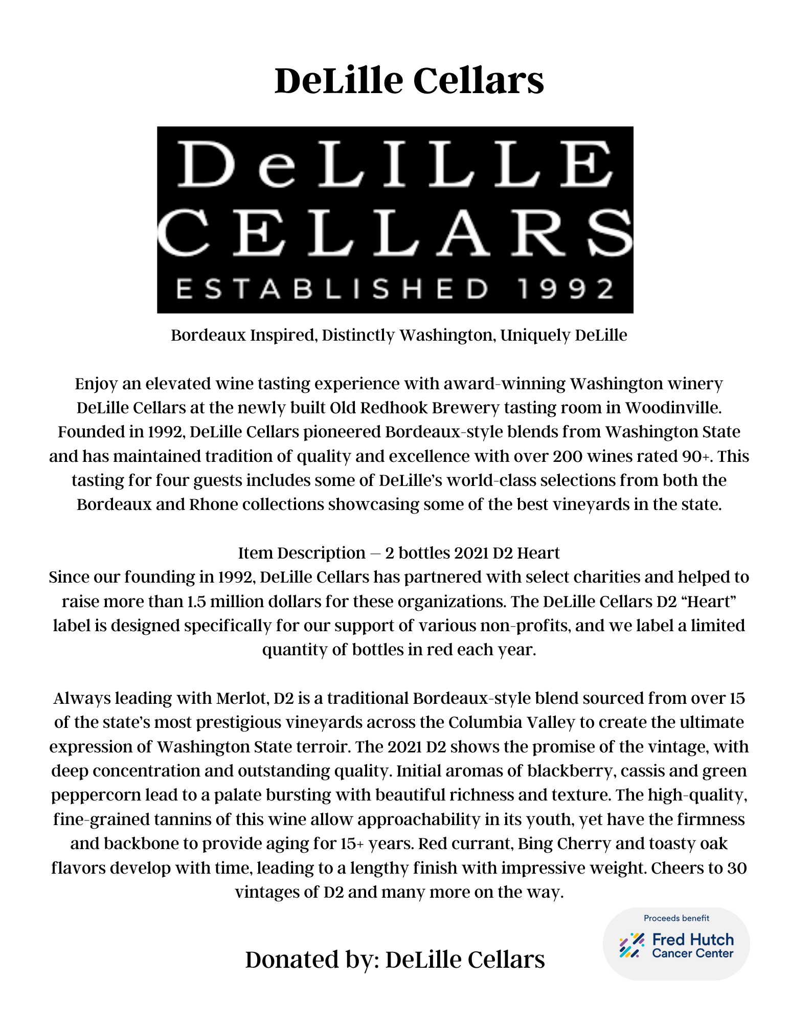 A detailed text describing DeLille Cellars, a winery established in 1992, highlighting its Bordeaux-style wines from Washington State, the partnership with charities, and the specific wine bottle details for a 2021 D2 Heart.