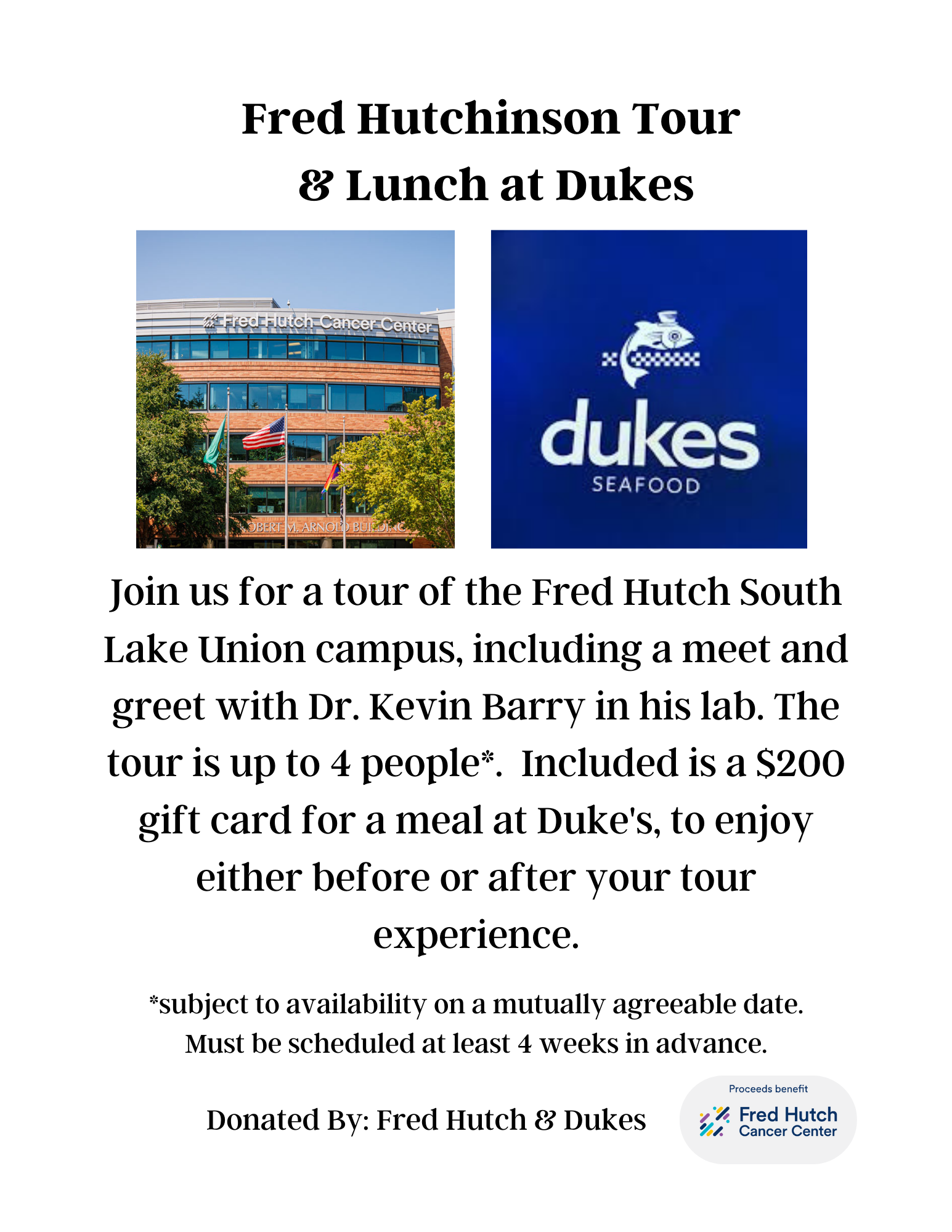 Flyer for Fred Hutchinson Tour & Lunch at Dukes, featuring photos of Fred Hutch campus and Dukes Seafood logo, with event details and donation information.