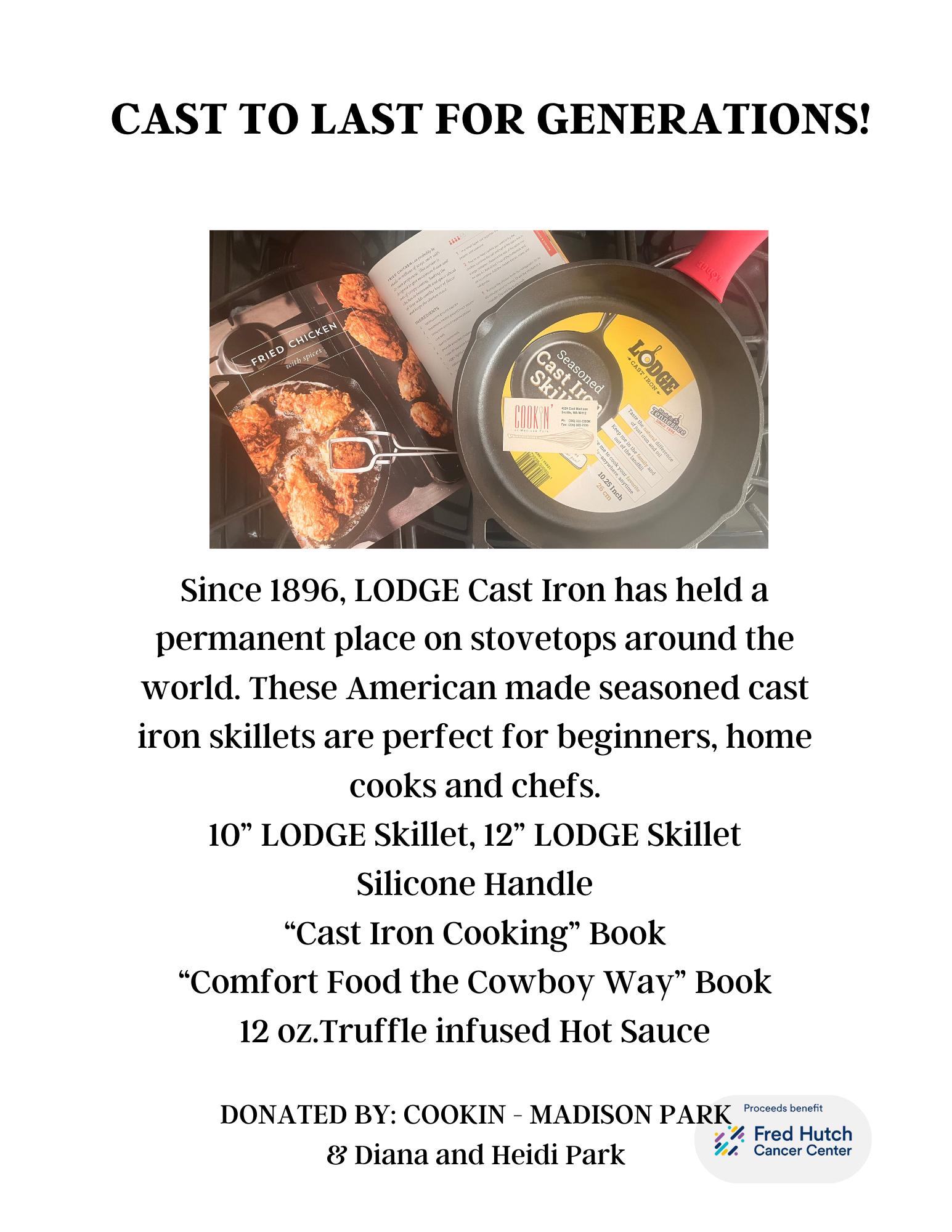 A flyer featuring a photo of cast iron cookware and a cookbook, celebrating the tradition of Lodge cast iron cookware, with text about its history and donation details.