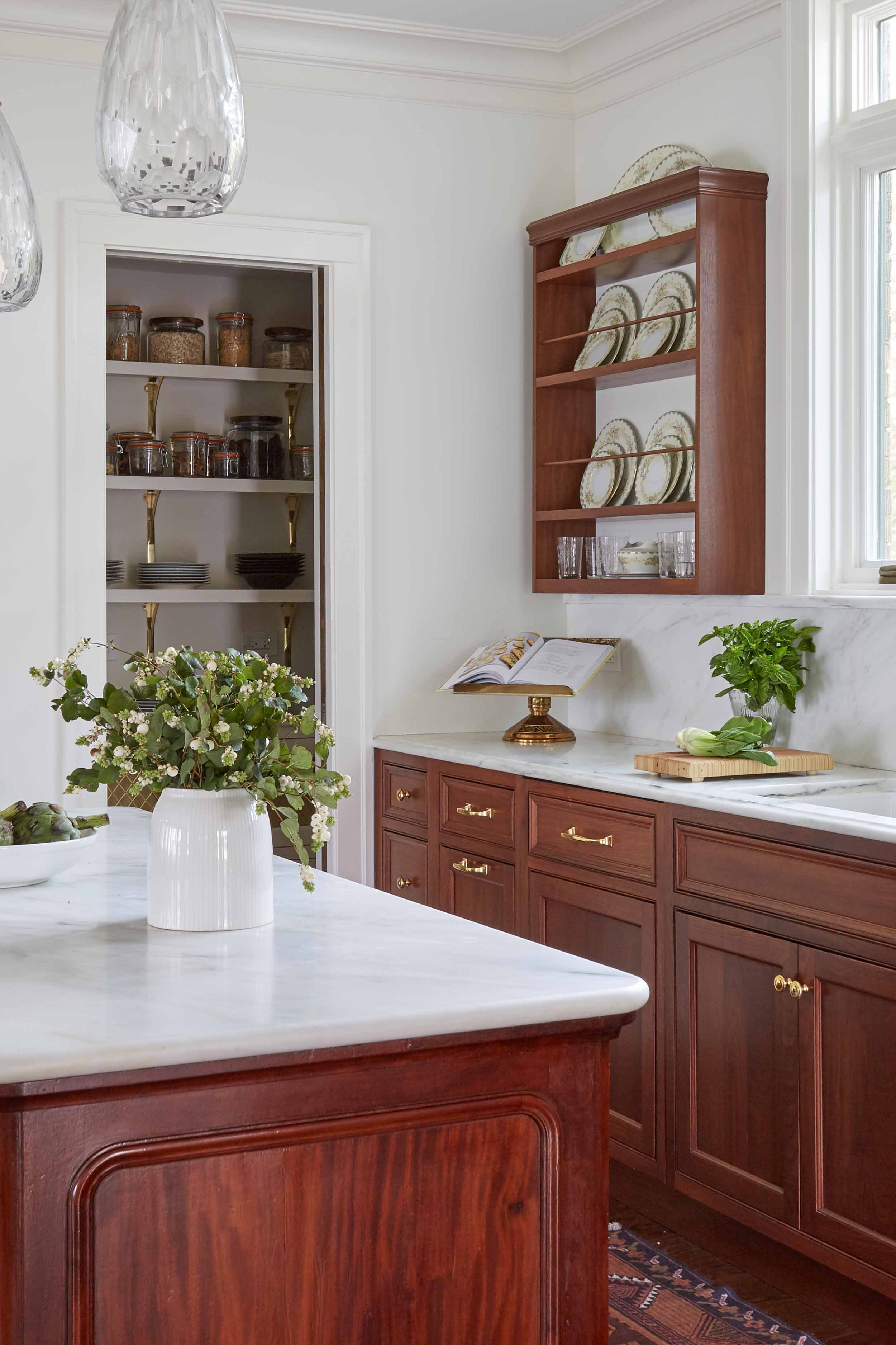 Butler's Pantry with a cookbook beautiful florals and luxe finishes