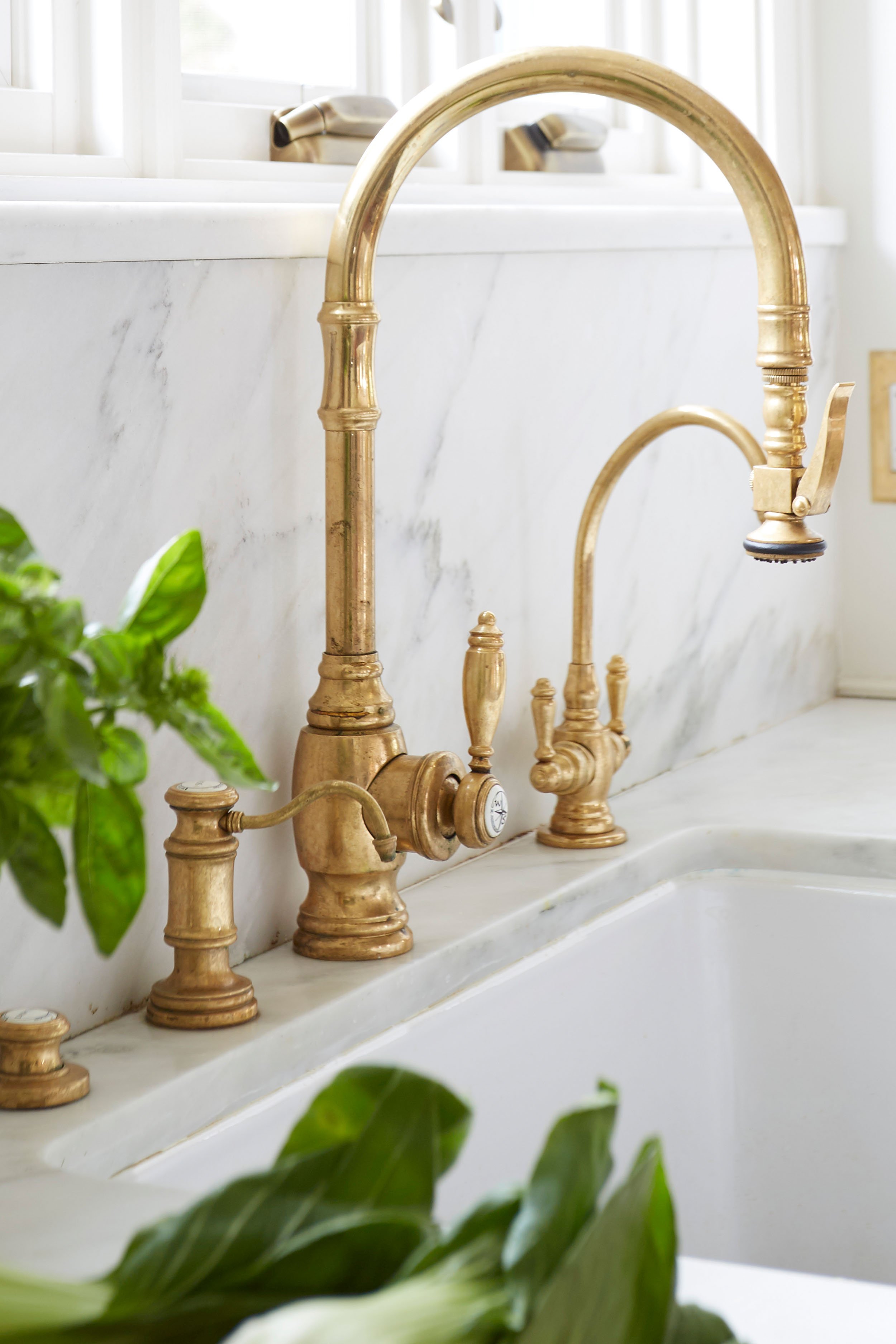 Luxury brass faucet with greenery and marble countertops