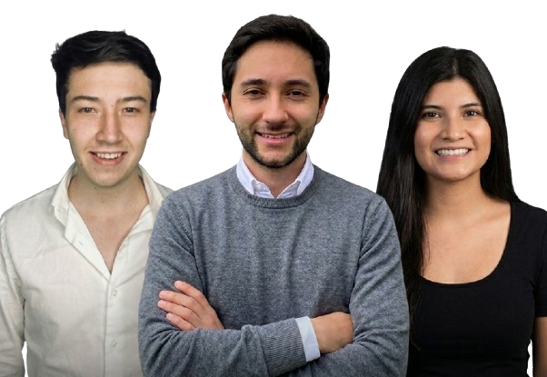 Three diverse individuals standing close together, smiling and looking at the camera.