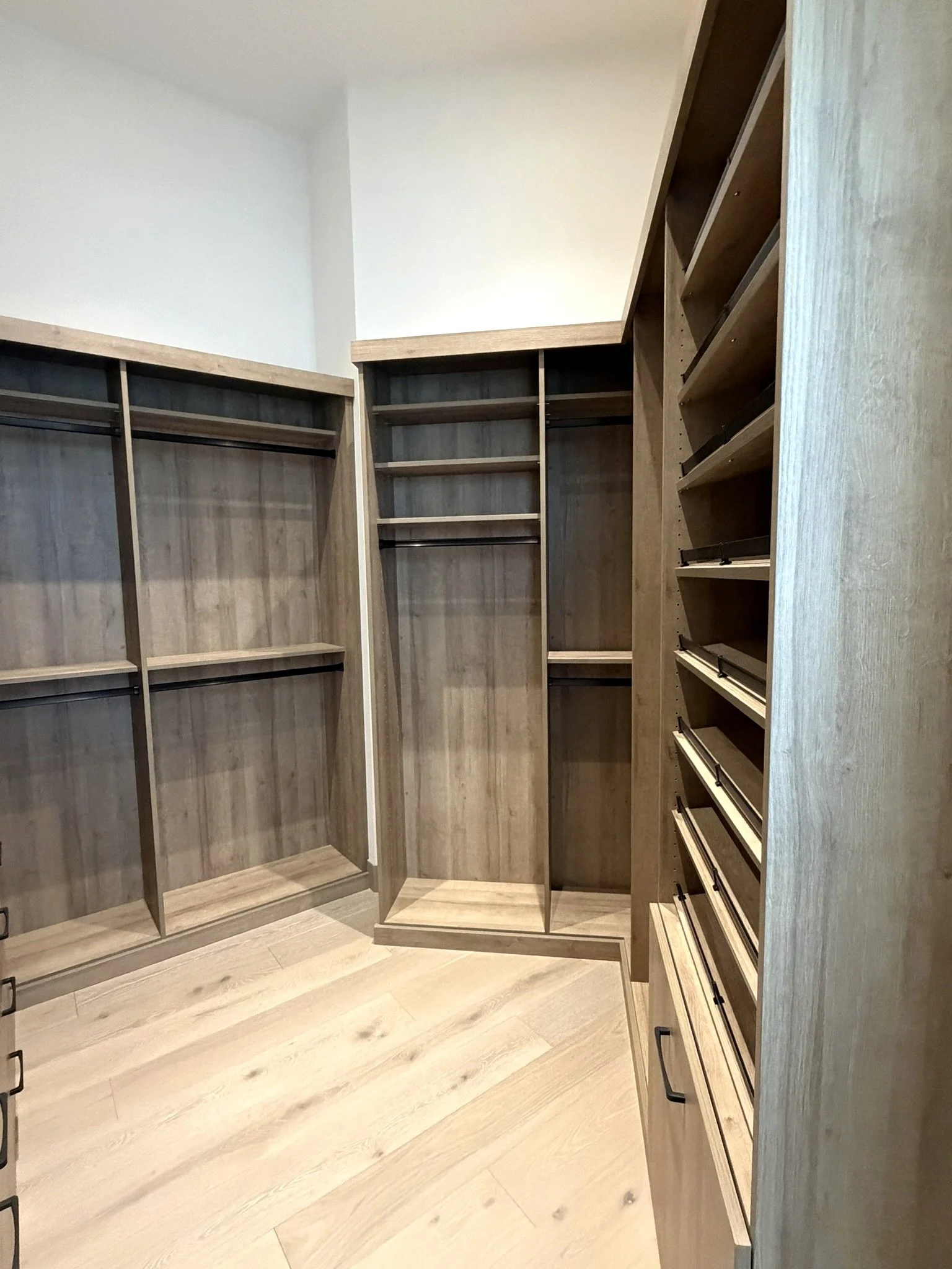 Guest walk in closet, full long hang, double hangs, shoe storage, wood tone, black hardware