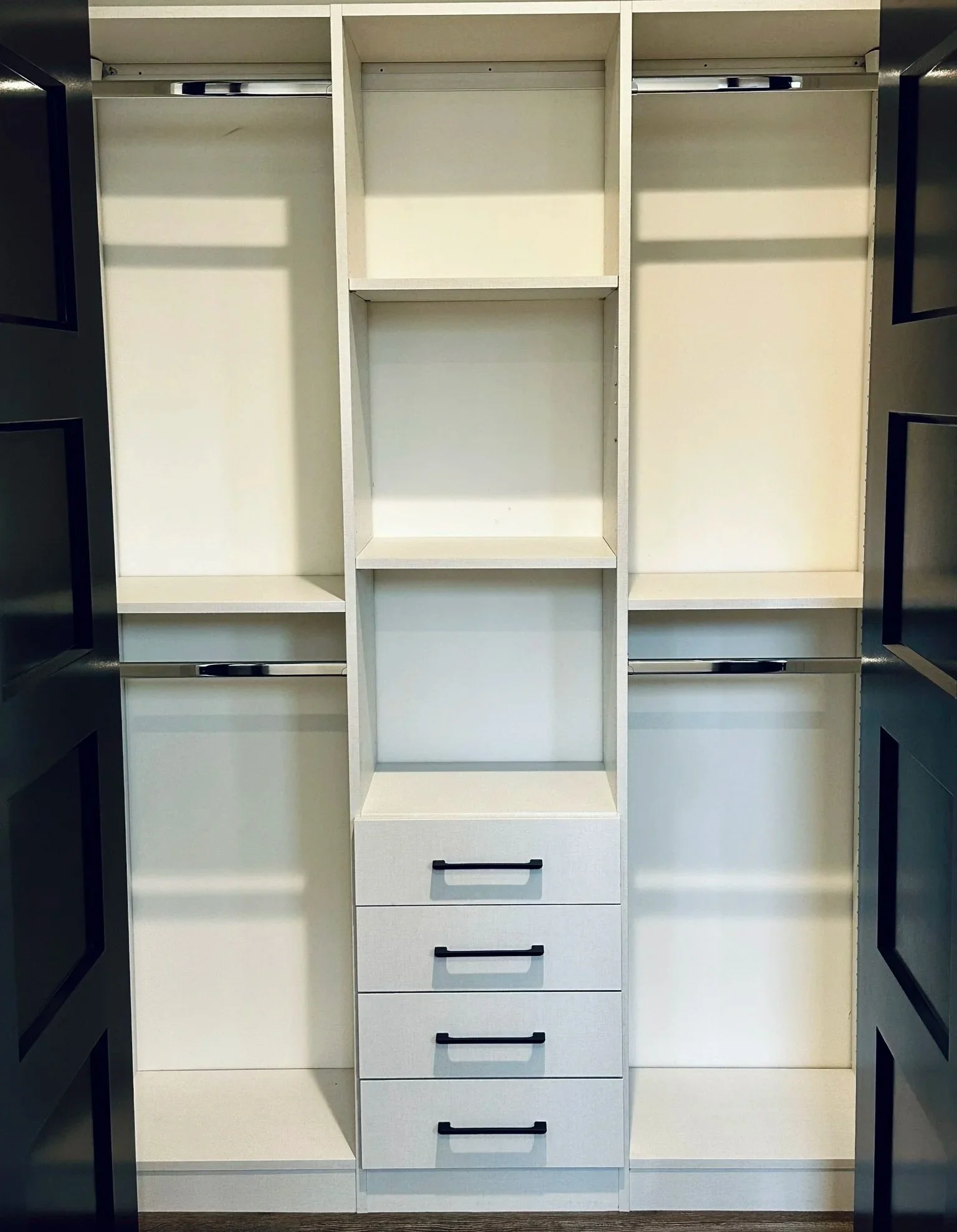 White Linen Closet, Chrome Rods, Black Pulls