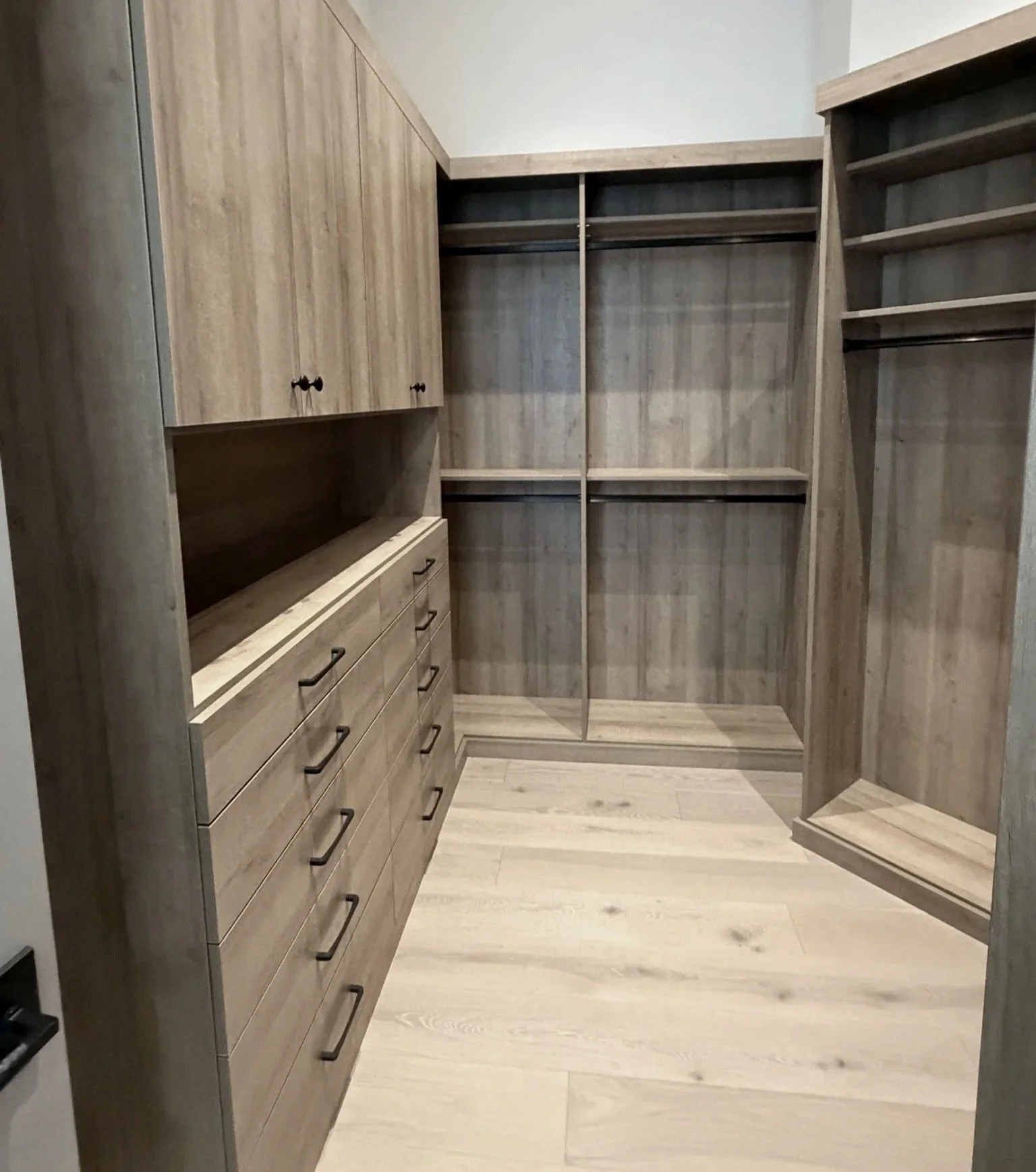 guest closet walk in, full backs, no lighting, wood tone, black hardware