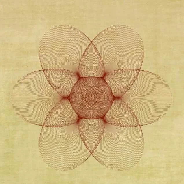 Geometric floral pattern with overlapping petal shapes in shades of brown and beige on a yellow background.