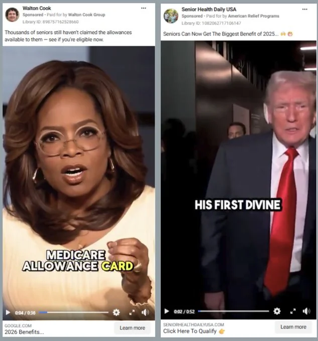 Medicare scam ads published on Meta featuring photos of Oprah Winfrey and Donald Trump.