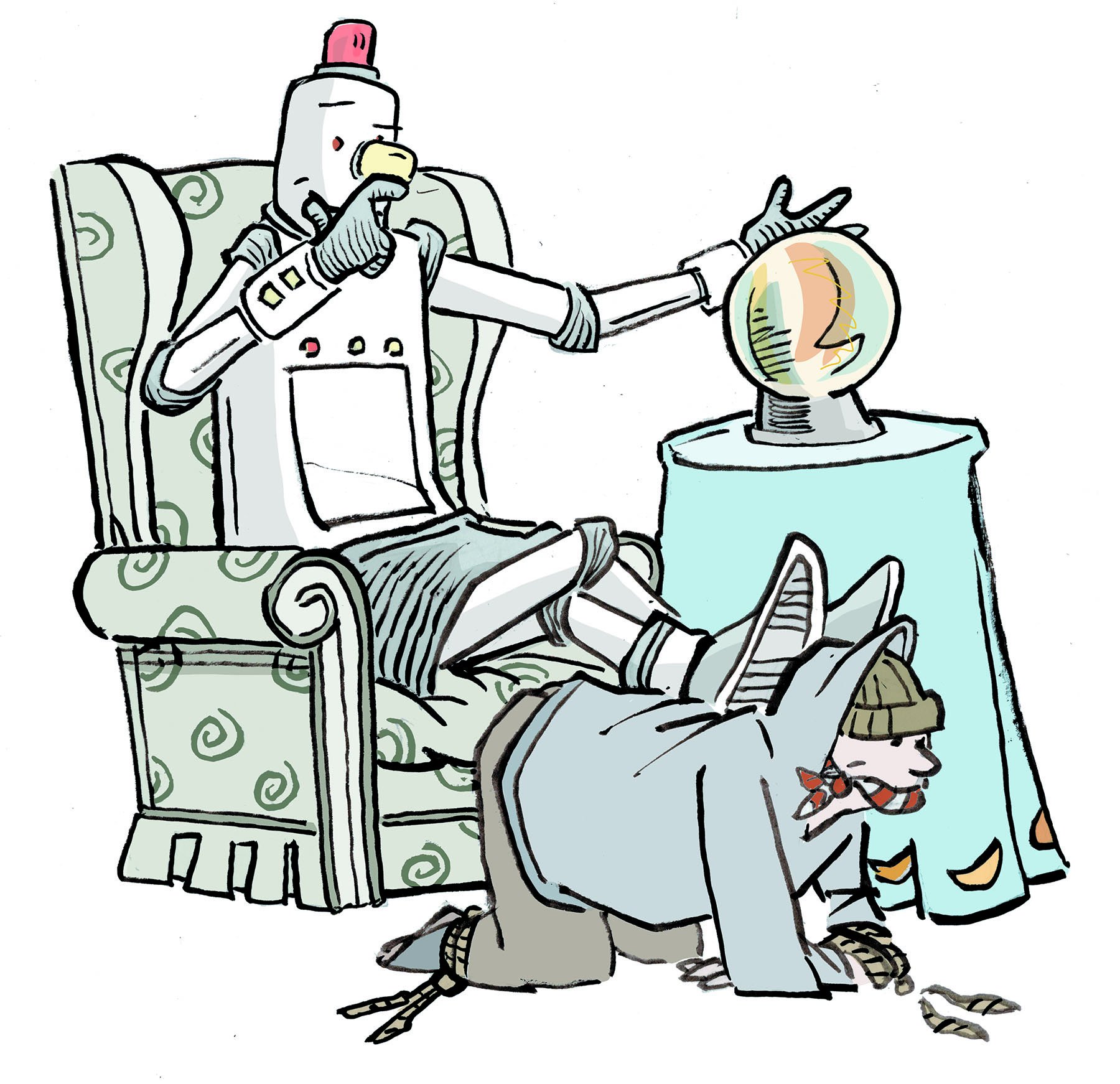 APWG eCrime conference's "Mr Crimebot," a comic-style line-drawn robot sitting in a chair with a crystal ball on a side table and using a crime victim as a footstool.
