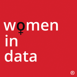Red square with the words "women in data" in white type. The O in women is replaced with the symbol for women.