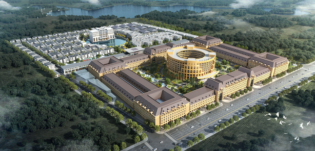 Illustration of large business park made of up two sections. A massive fort-like building surrounding a circular office building. The second appears to be apartment complexes around an artificial lake.