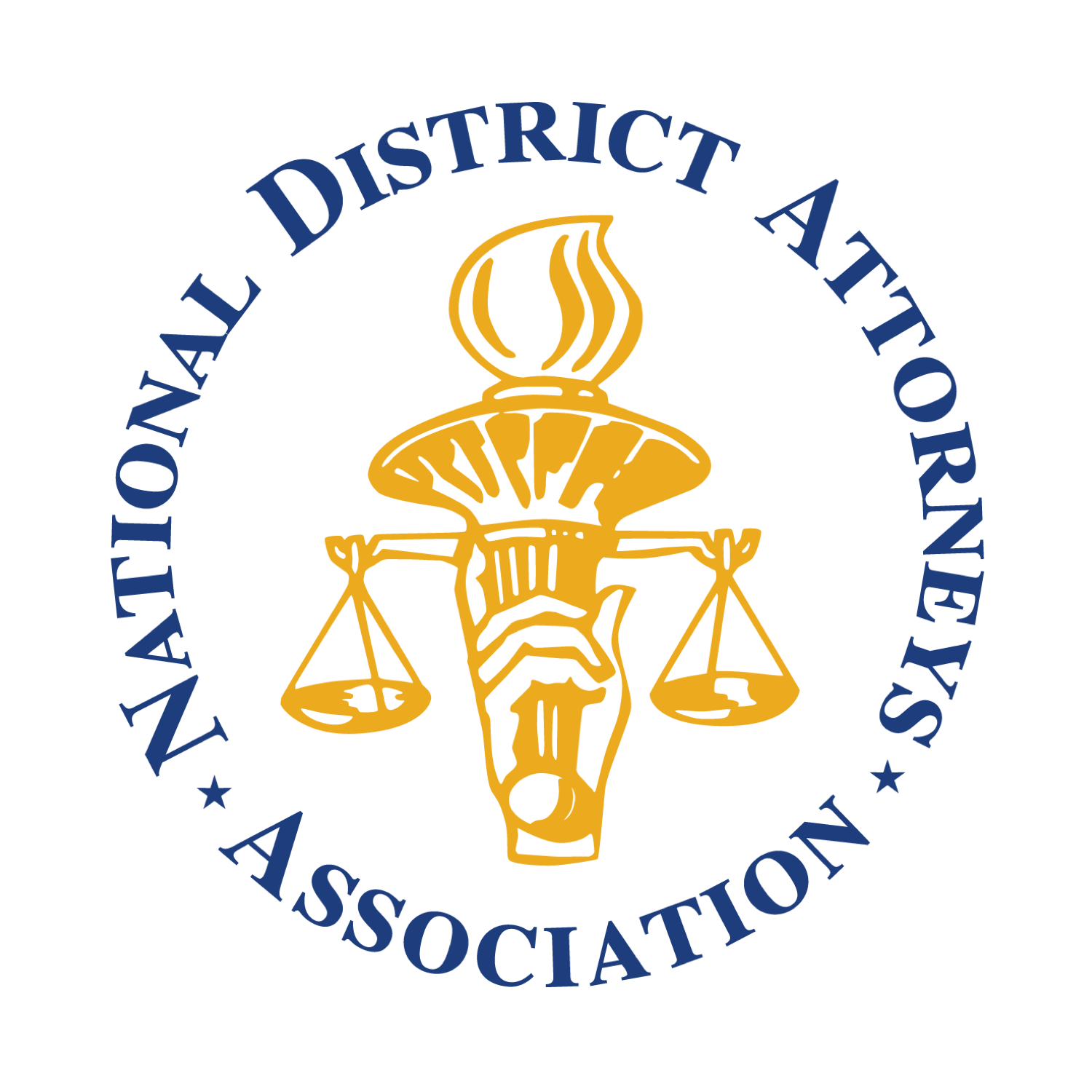 A gold illustration of a hand holding a torch and scale of justice. Surrounded by the words "National District Attorneys Association"