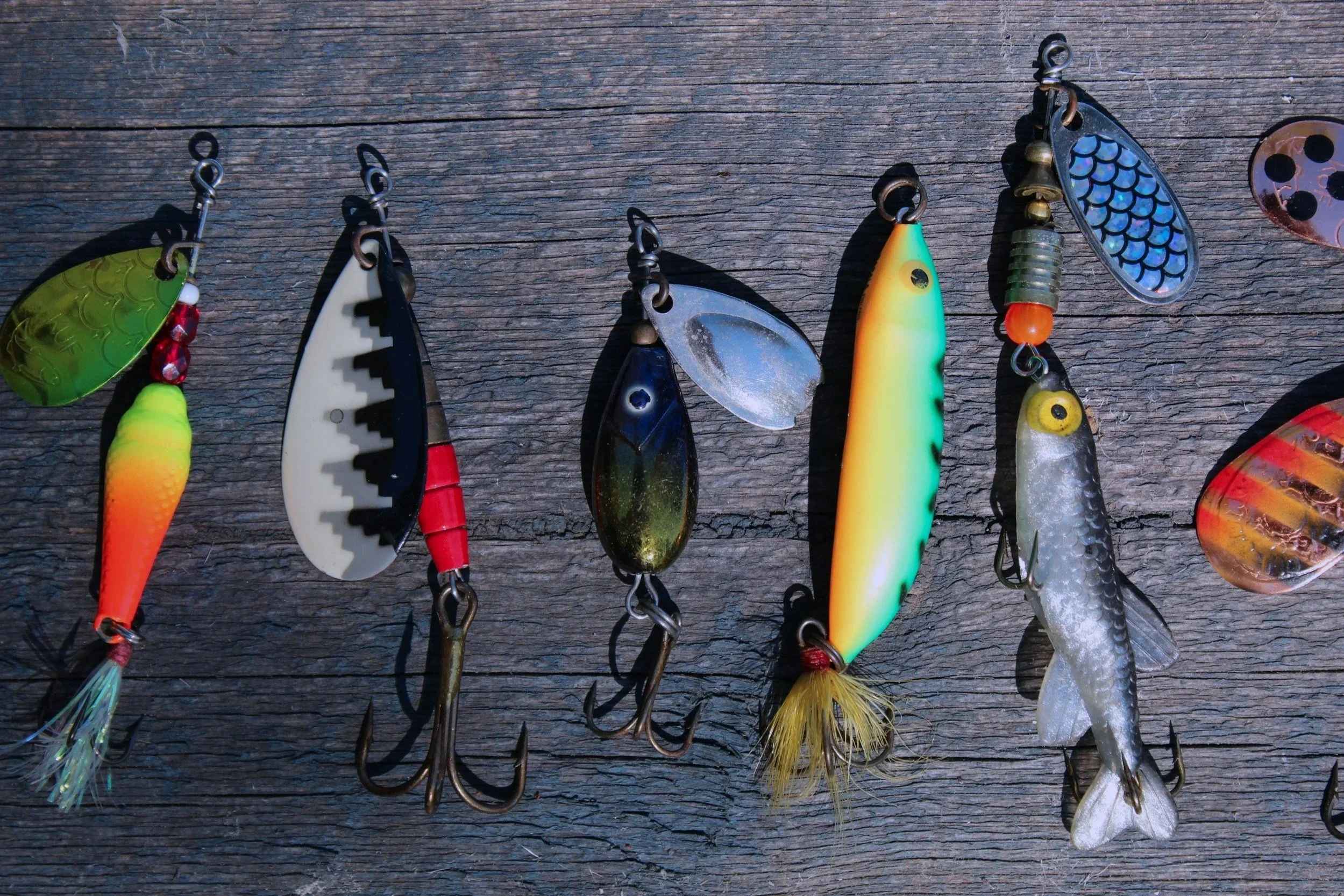 Six colorful fishing lures on a wood board background.