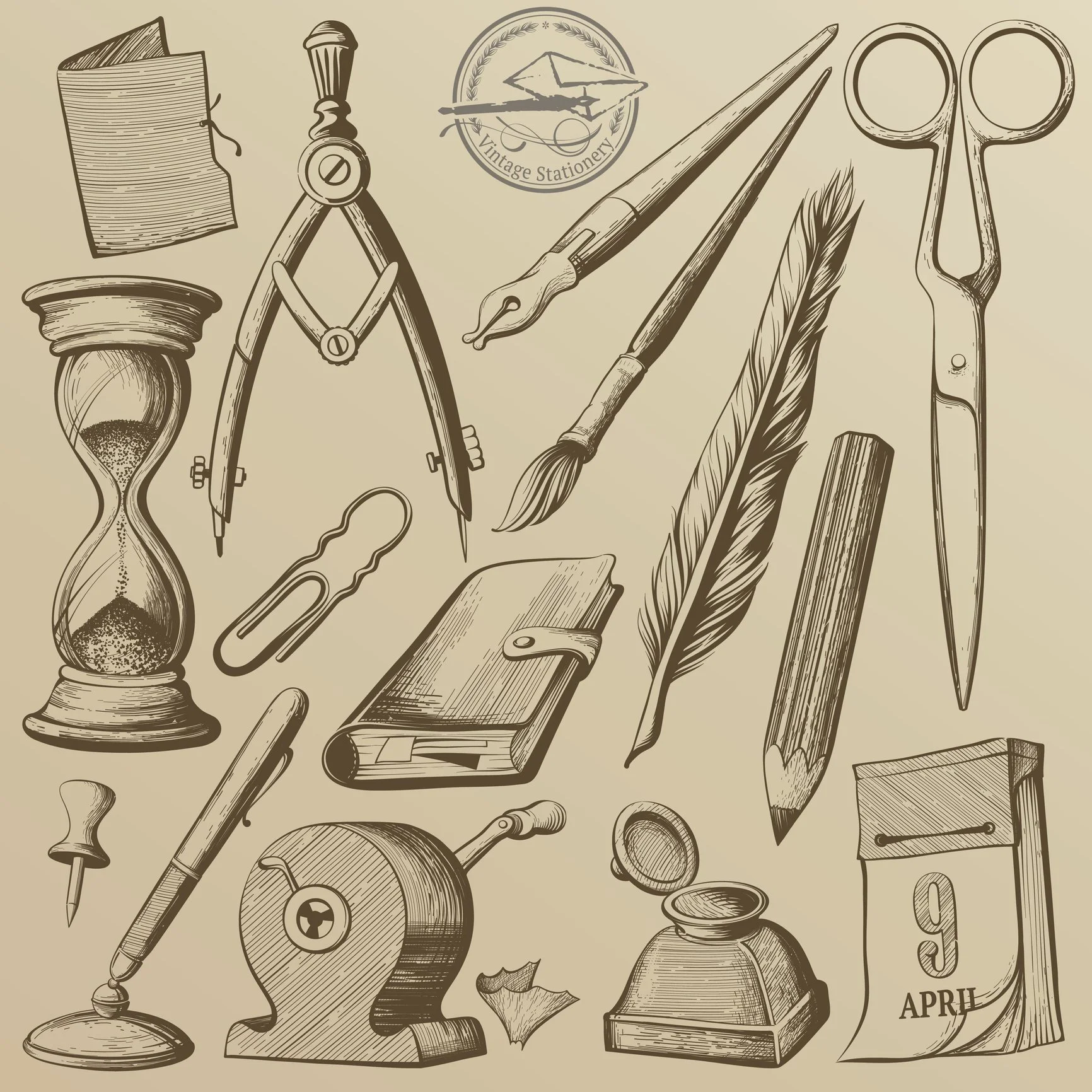 Vintage sepia stationery and writing tools collage with notebook, compass, fountain pen, paintbrush, quill, scissors, hourglass, ink bottle, stamp, sealing wax, and calendar
