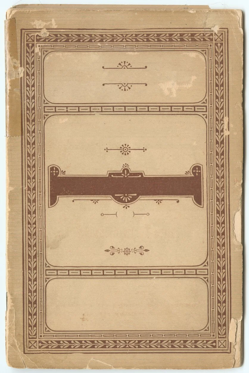 Aged vintage book cover with ornate brown geometric and botanical borders, decorative panels, and a central cartouche on worn tan paper