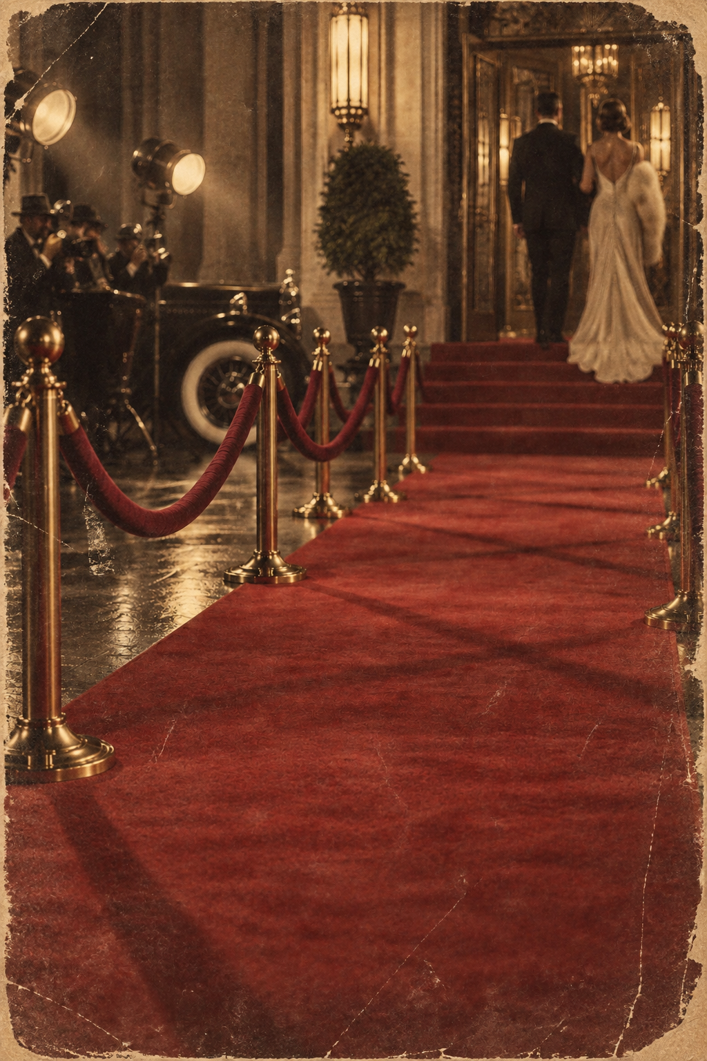 Celebrities walking up a red carpet into a grand venue, surrounded by velvet ropes, photographers, and vintage spotlights.