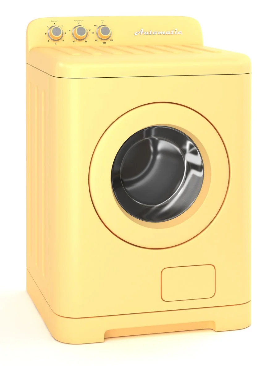 Retro yellow automatic washing machine with a black front-loading door and three control knobs