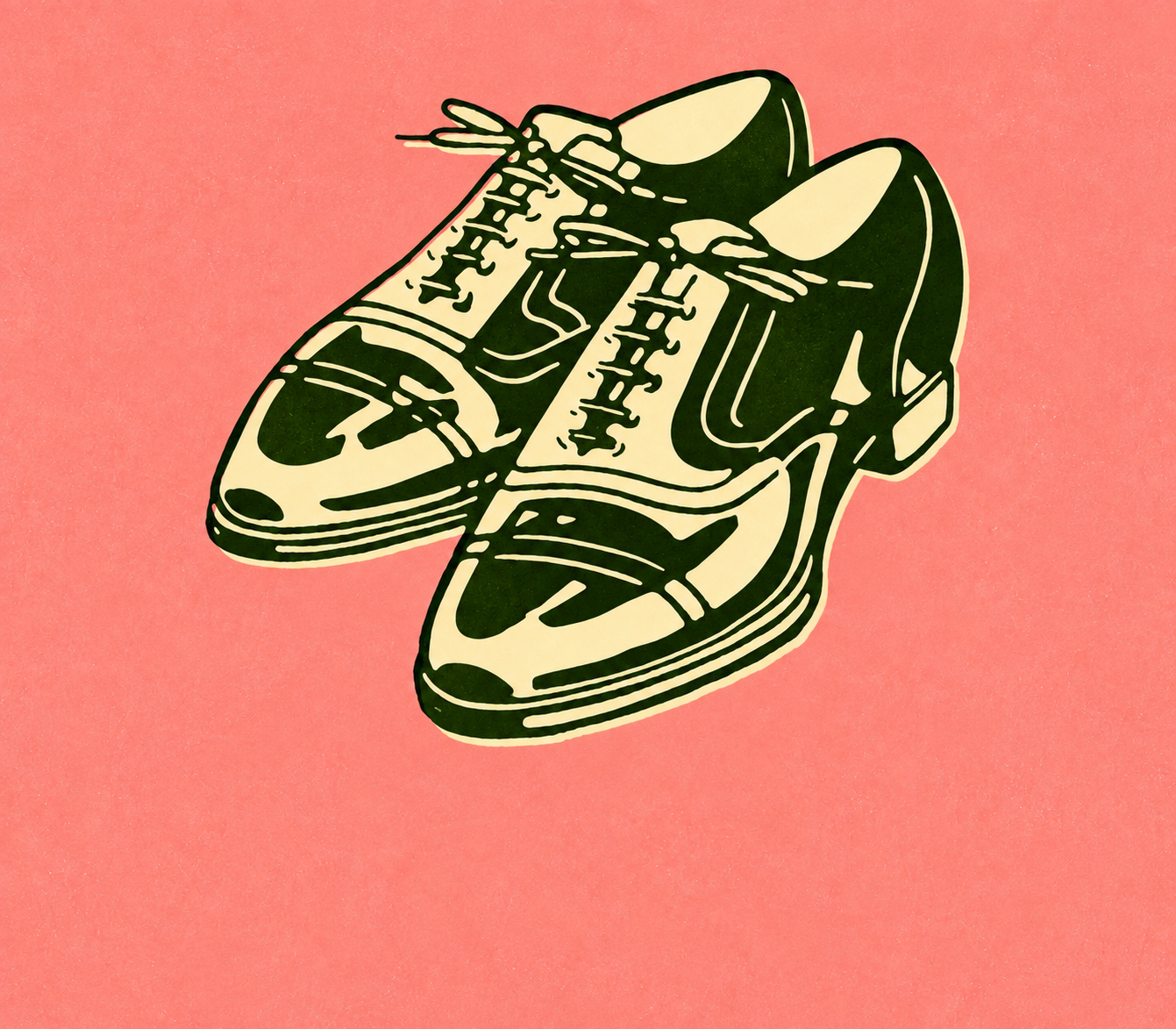 Illustration of a pair of green and cream high-top sneakers on a coral pink background