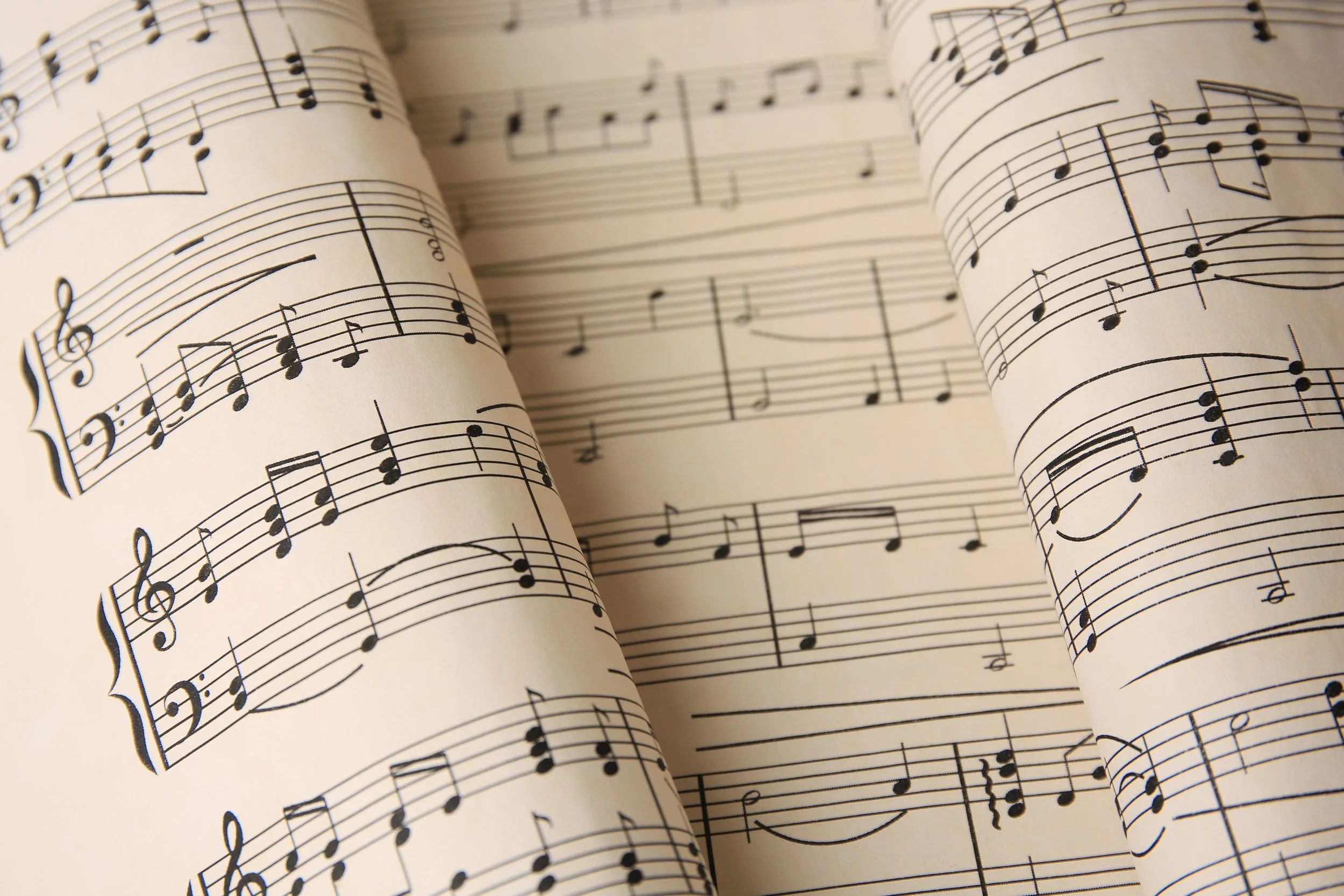 Close-up of rolled sheet music with musical notes and staff lines