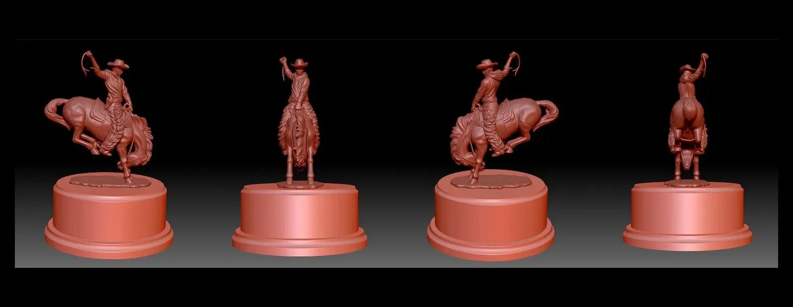 Four views of the clay-colored 3D digital model of the horse and rider, showing the sculpture from multiple angles before moldmaking.
