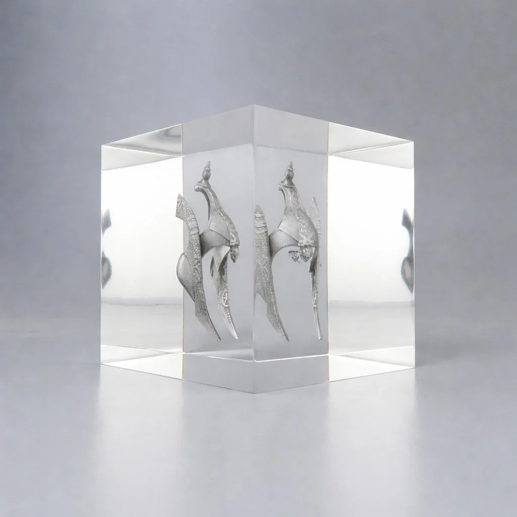 Lucite cube with embedded custom pewter headpiece