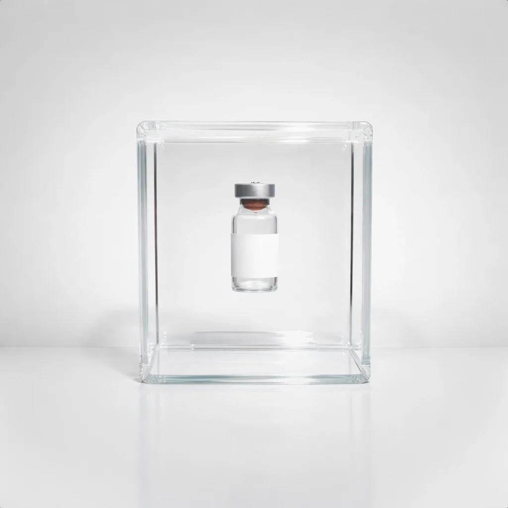 Custom Lucite award with embedded pharmaceutical vial, minimal design, used as a pharma deal toy or clinical milestone marker