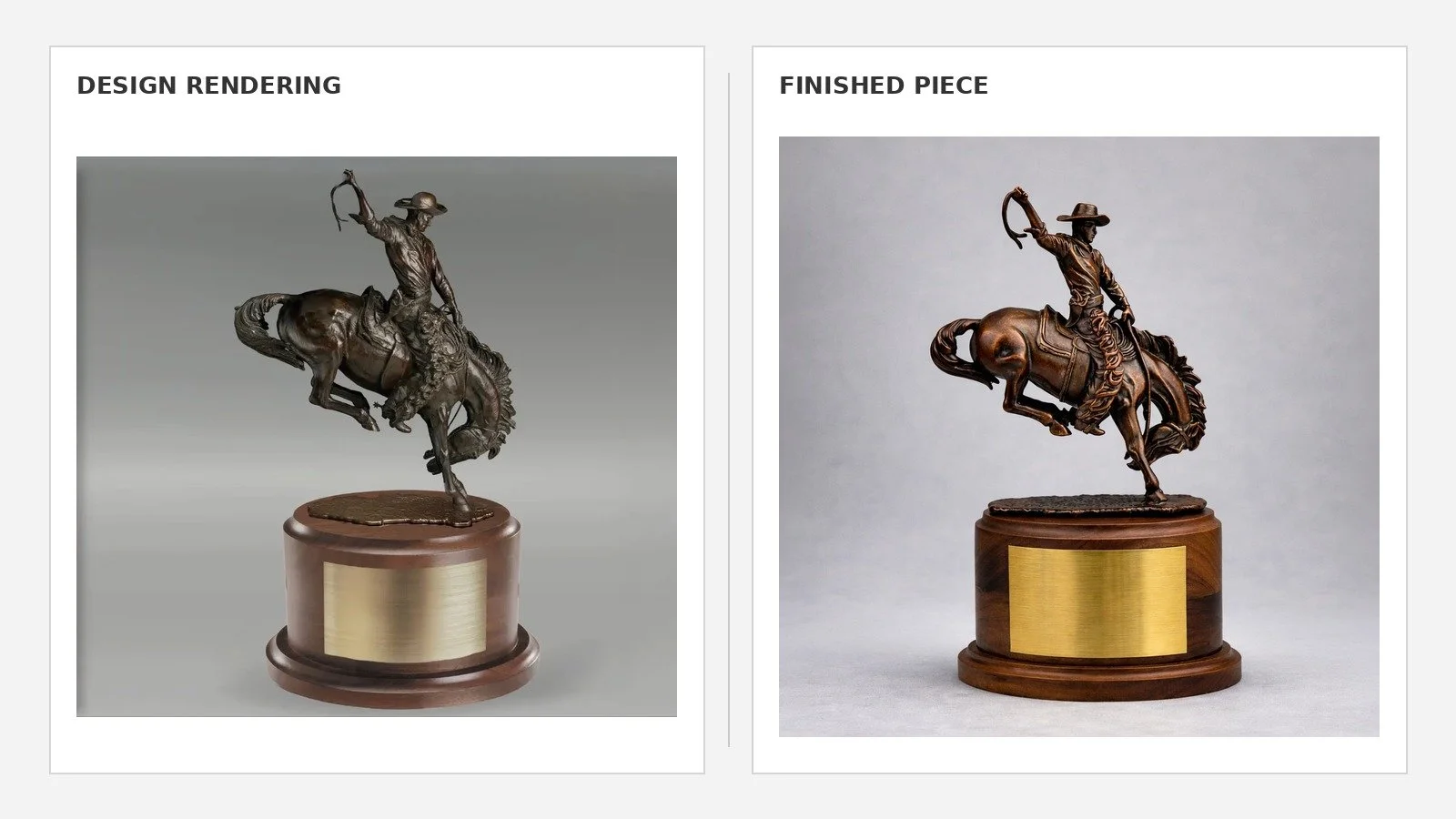 Side-by-side comparison of a design rendering and the finished bronze-toned rider sculpture on a walnut base, both with blank brass plates.