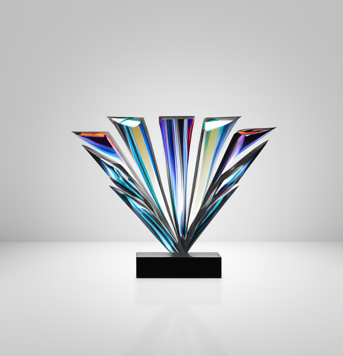 Colorful abstract metal sculpture on a white background
