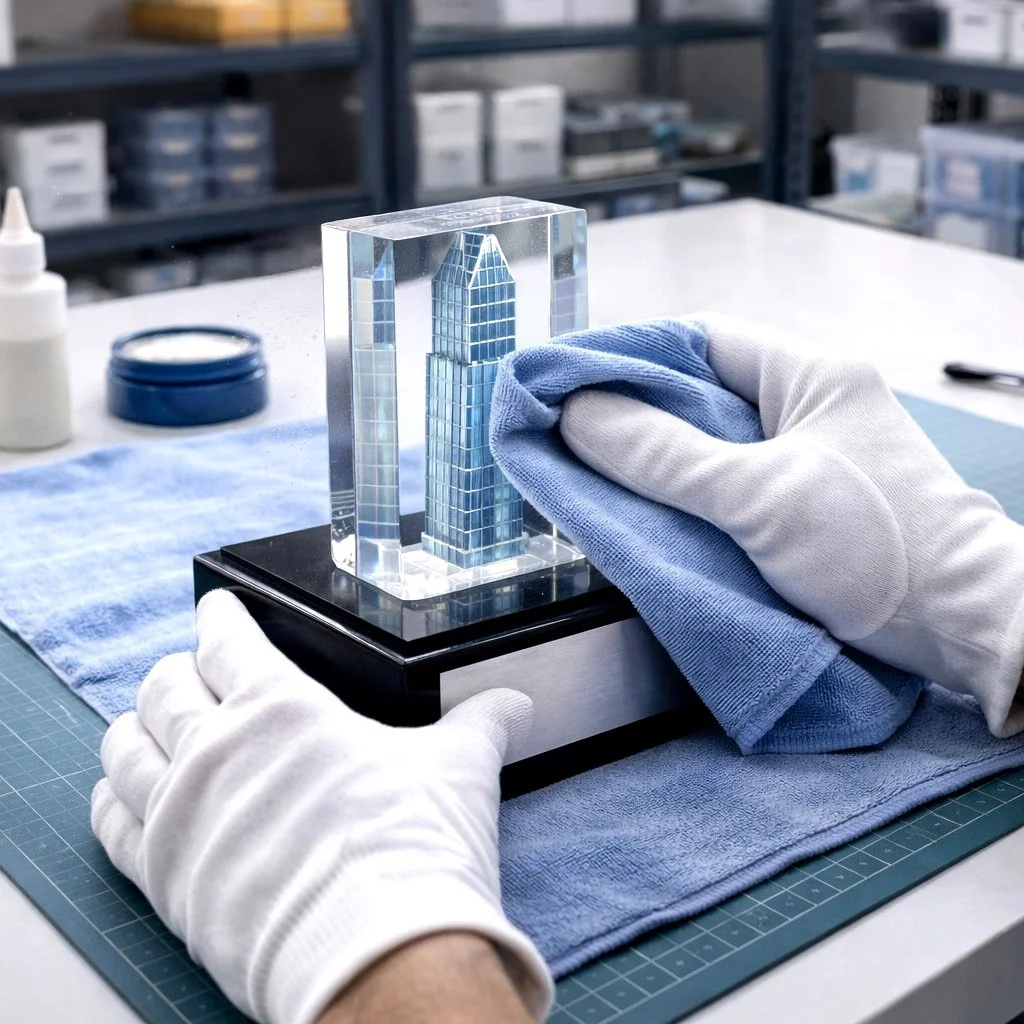 Polishing a Lucite deal toy during the custom award manufacturing process