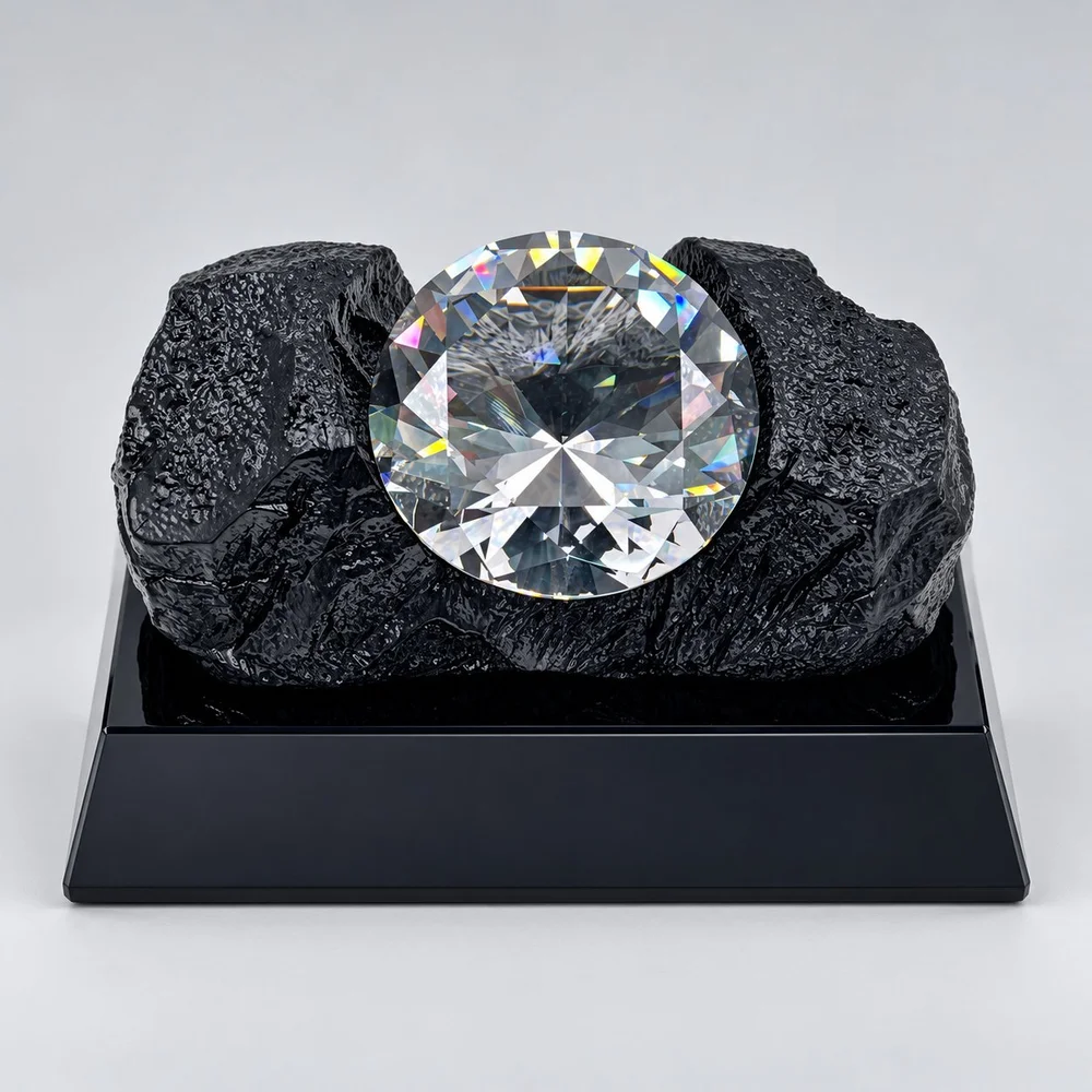 Mixed-media deal toy with a faceted crystal diamond set between rough-textured black resin forms.