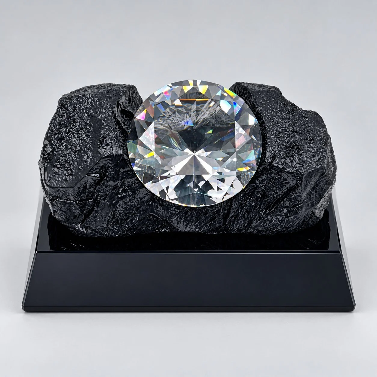 Sculptural deal toy with a large clear faceted gemstone between dark textured forms on a black base.