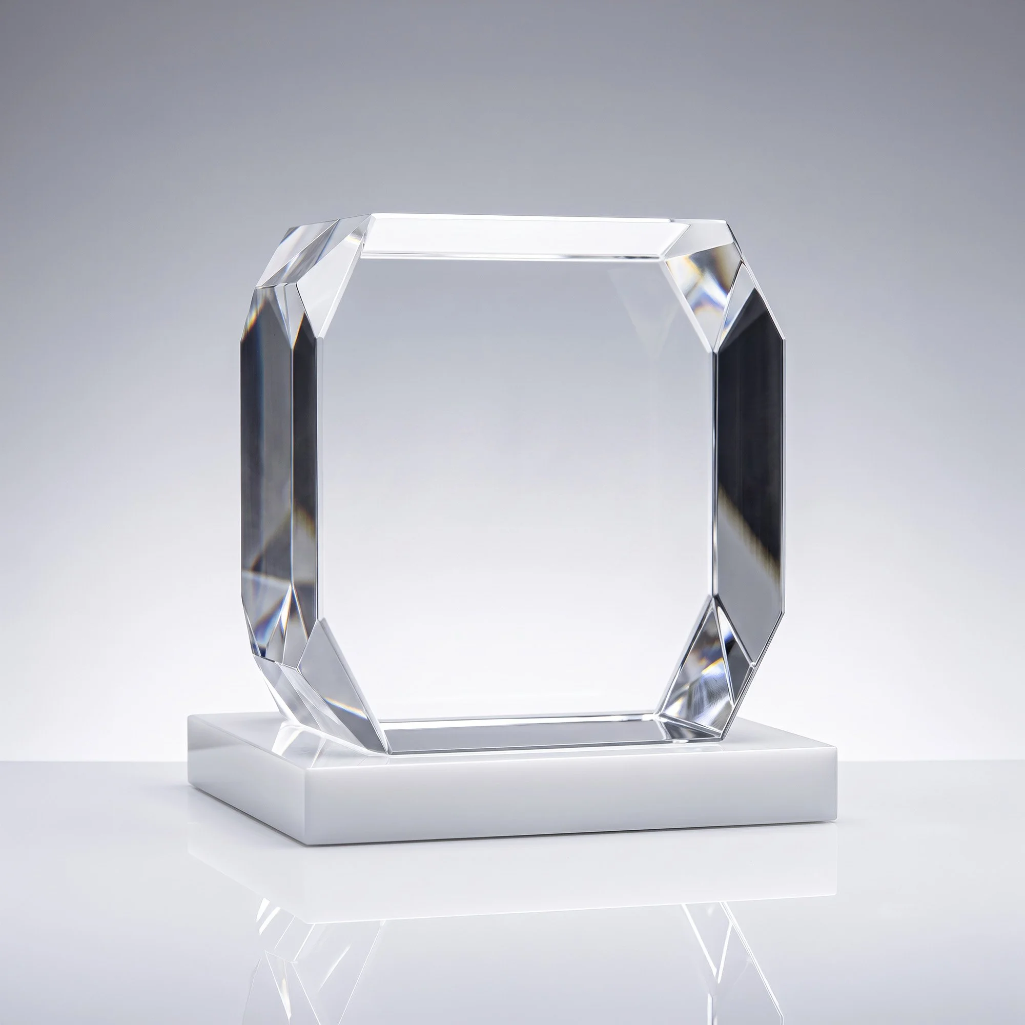 Clear faceted crystal corporate award with beveled edges on a rectangular crystal base.