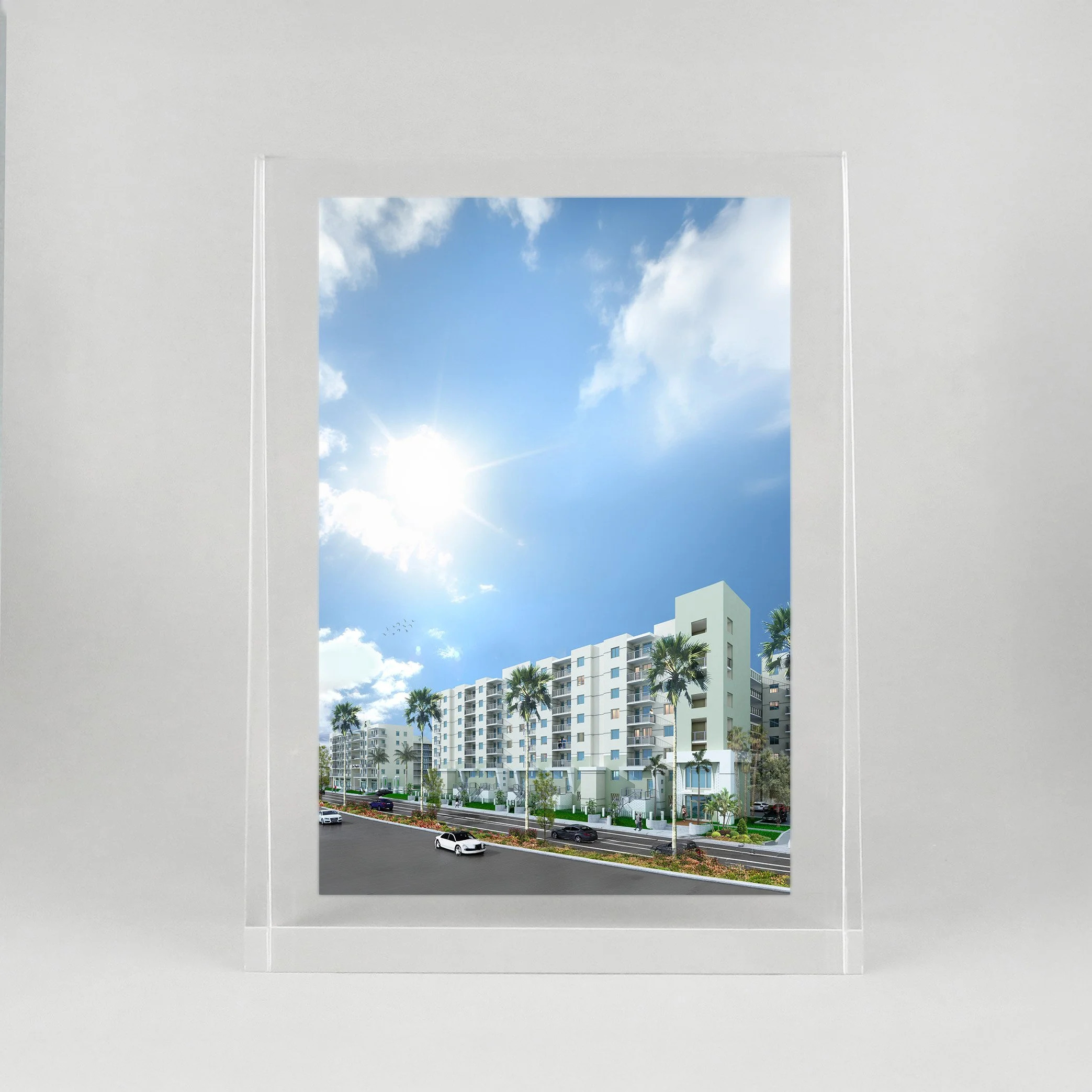 Lucite embedment award for Commercial Real Estate showing property photo to highlight the transaction