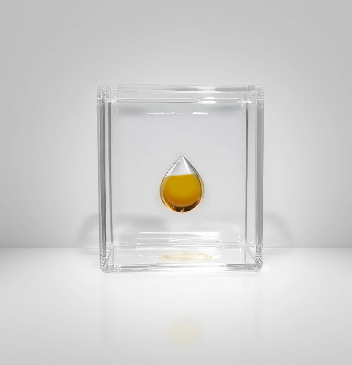 Clear rectangular Lucite piece containing a dark oil-drop-shaped embedment.