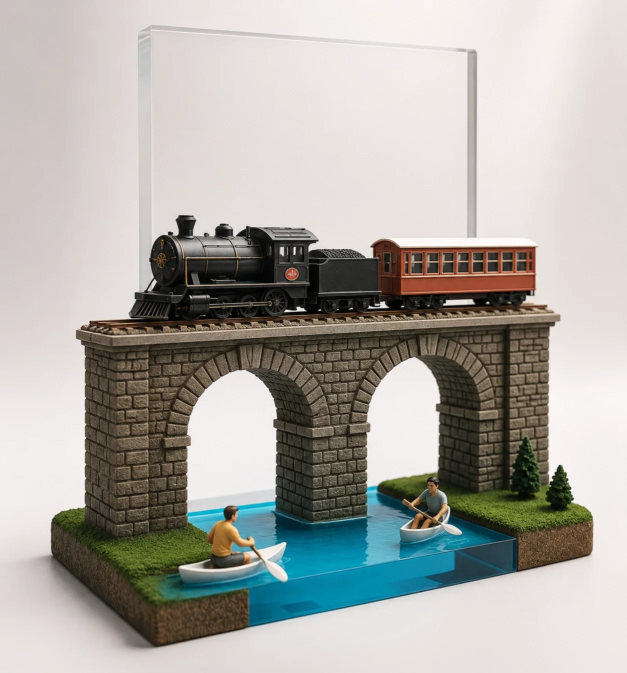 Custom deal toy featuring a miniature steam train crossing a stone bridge over translucent blue resin water with canoeists and a clear crystal panel.