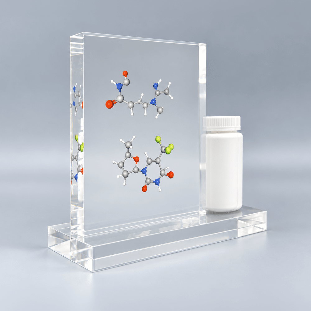 Pharmaceutical deal toy with colorful molecular structures on a clear panel beside a white bottle replica.