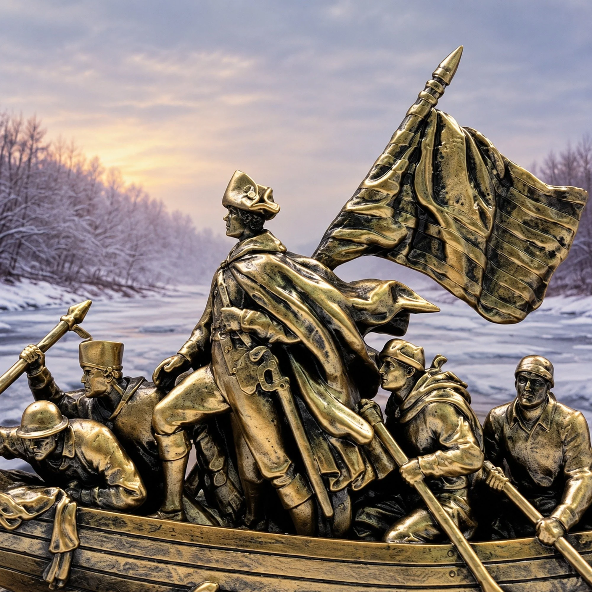 Close-up of the sculpted George Washington and raised flag, with surrounding boat crew and a winter river backdrop.
