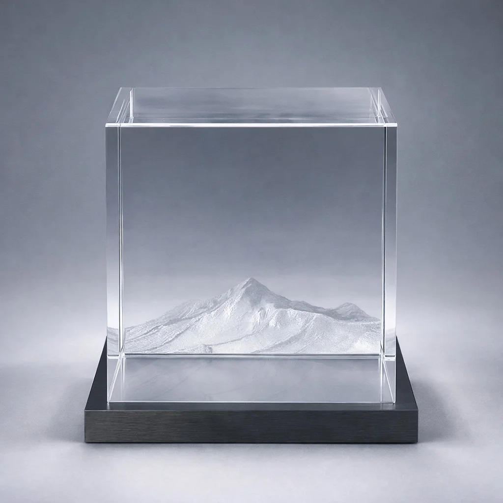 Crystal cube with internal laser etched mountain range showing Pikes Peak.