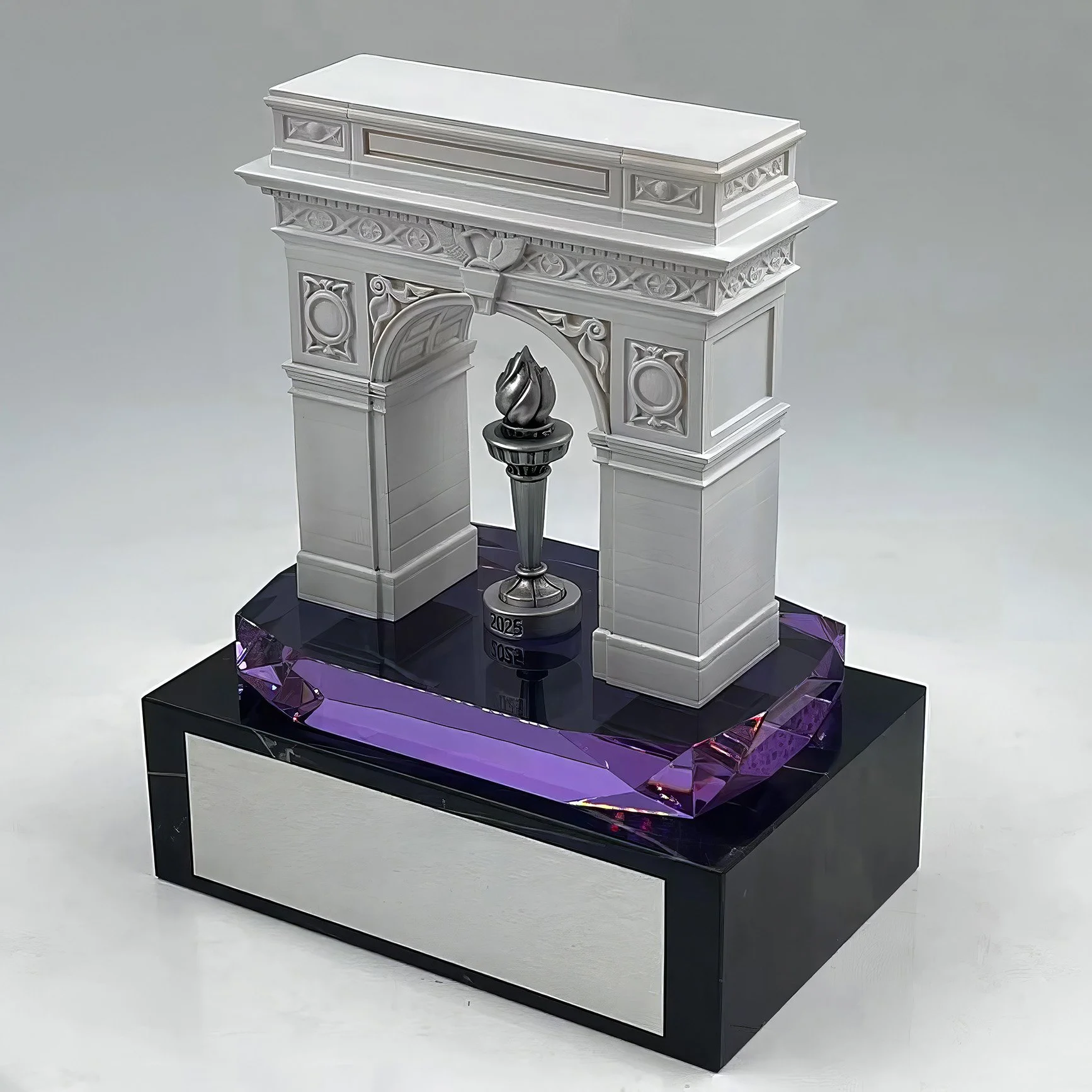 Custom deal toy inspired by Washington Square Arch featuring a detailed architectural model mounted on a faceted crystal platform.